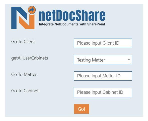 Simply input Cabinet ID, Client ID or Matter ID in netDocShare and view related NetDocuments
