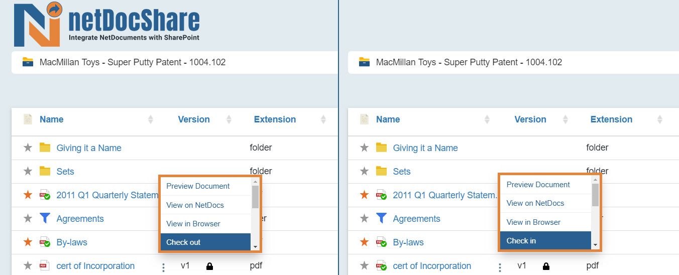 Checkout and Checkin functionalities of netDocShare