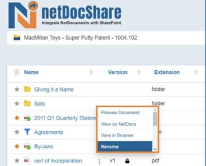 netDocShare enables to rename any document within NetDocuments from SharePoint