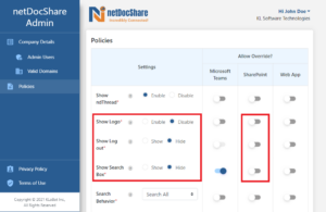 Admin app - Policies page Options